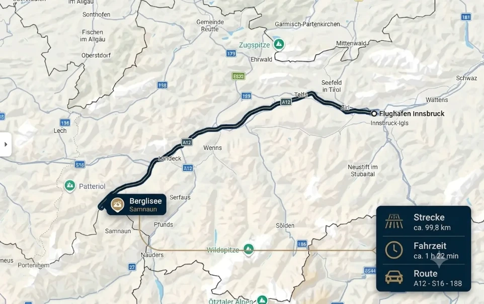 Karte mit Route von Innsbruck nach Ischgl